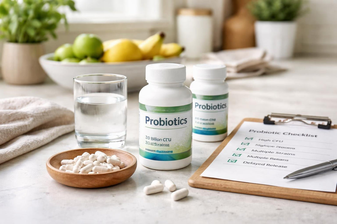 Probiotic supplement capsules and label checklist for daily gut support