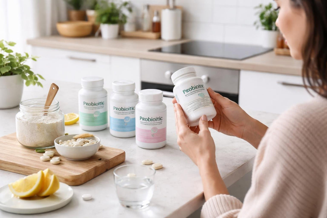 Woman checking probiotic supplement label at home
