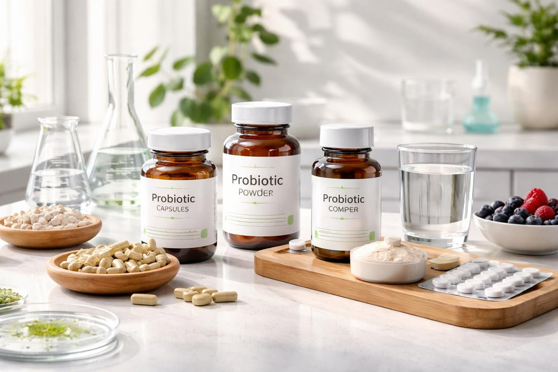 Assorted probiotic supplements in lab setting
