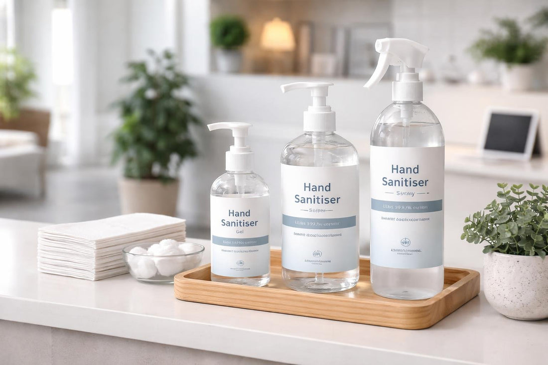 Professional hand sanitiser bottles on a clean reception counter