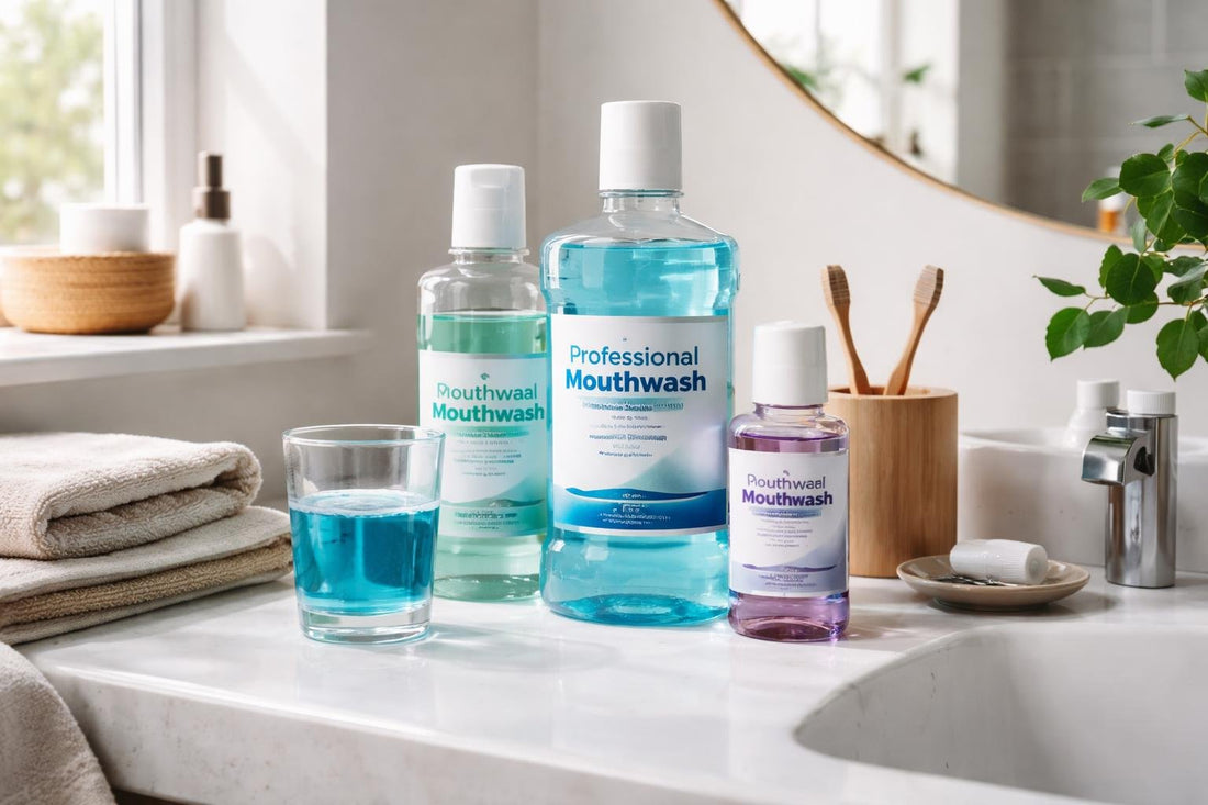 Professional mouthwash used in a simple UK bathroom routine