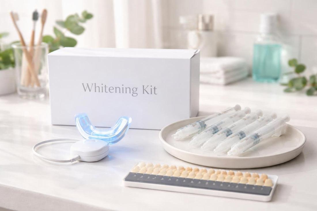 Professional whitening kit beside dental tray and shade guide