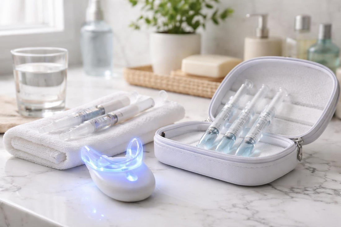 Professional teeth whitening kit on bathroom counter