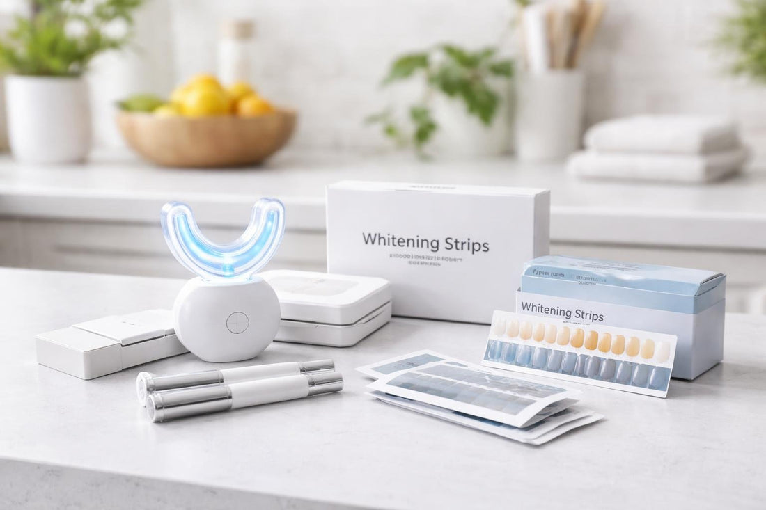 professional whitening kit and shade guide on countertop