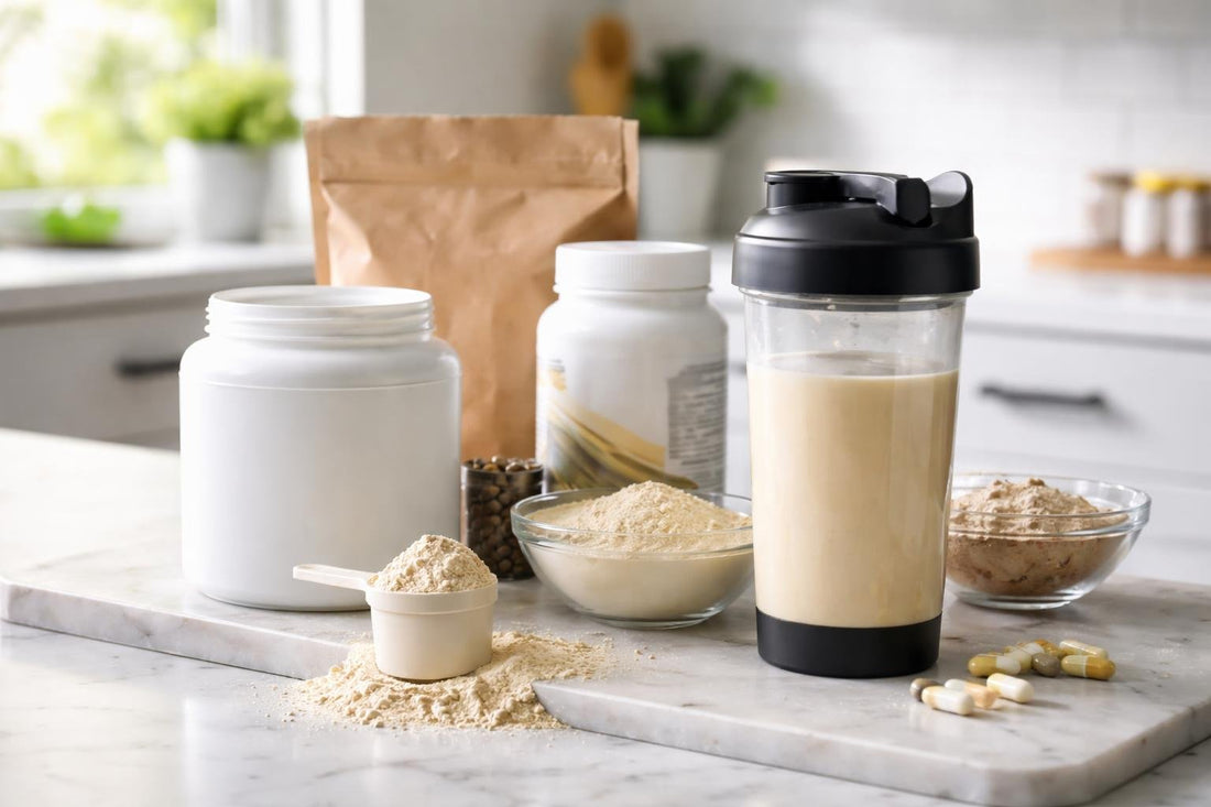 Close-up of protein powder blends and shaker