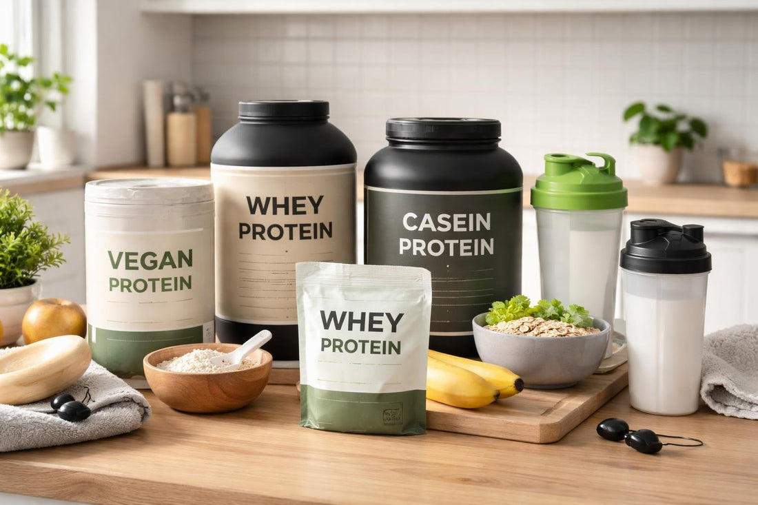 range of protein powders and shakers on shelf