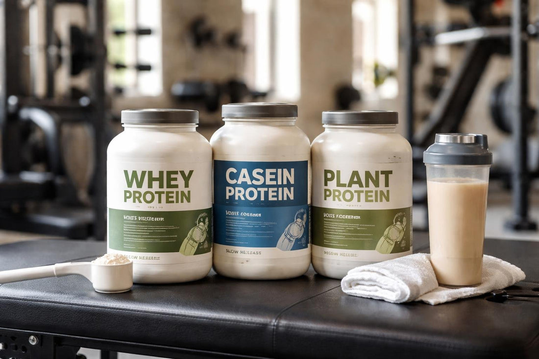 Protein powders on a gym bench showing types and labels