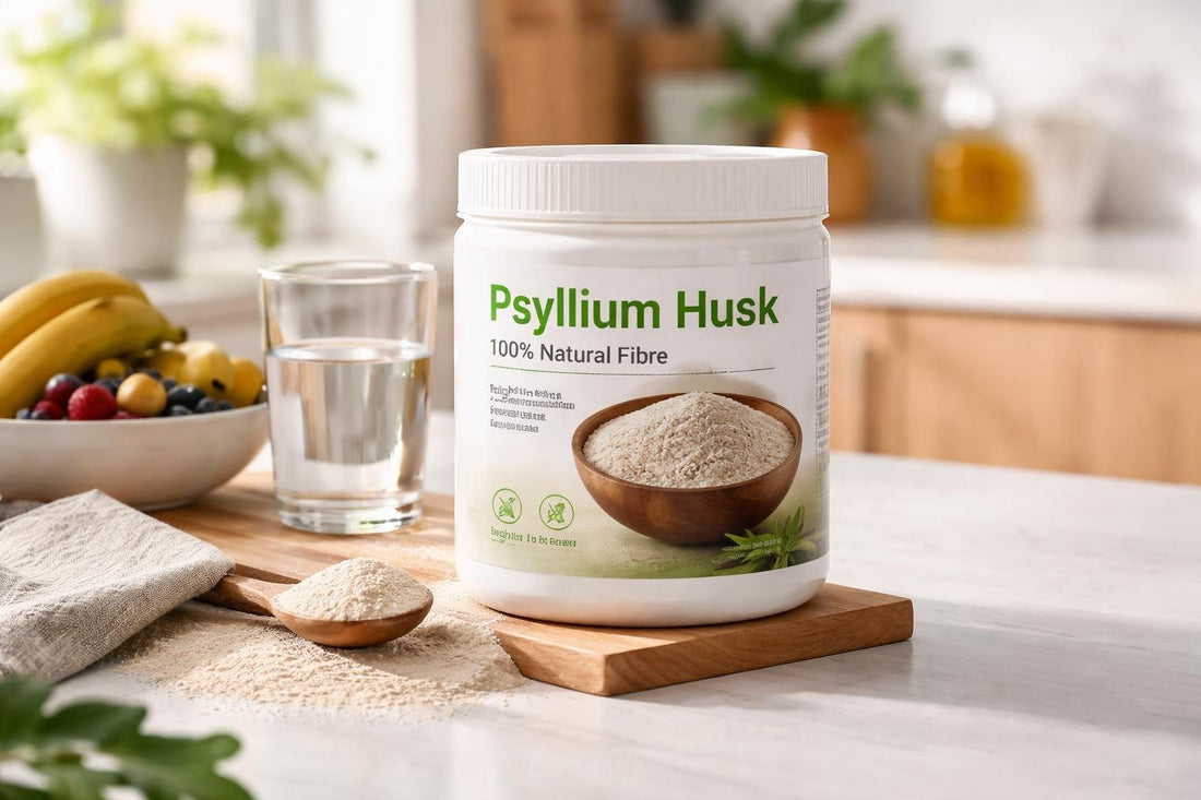 500g psyllium husk bulk tub on kitchen counter