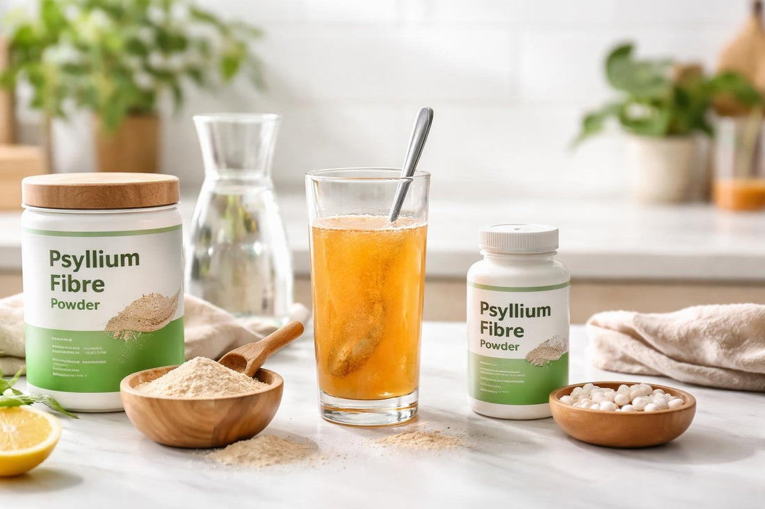 Psyllium fibre powder mixed in a glass of water