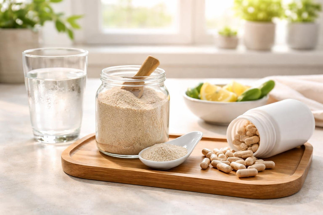 Psyllium powder and capsules with water glass on table