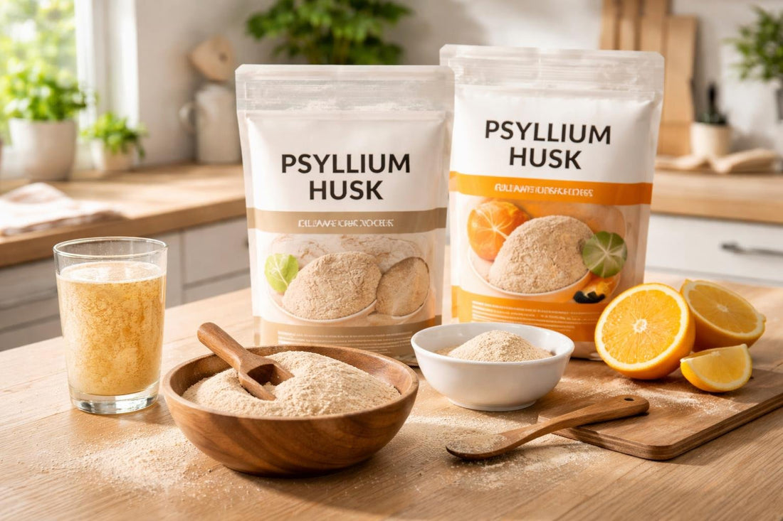 Psyllium husk powders and measuring scoop on wooden table