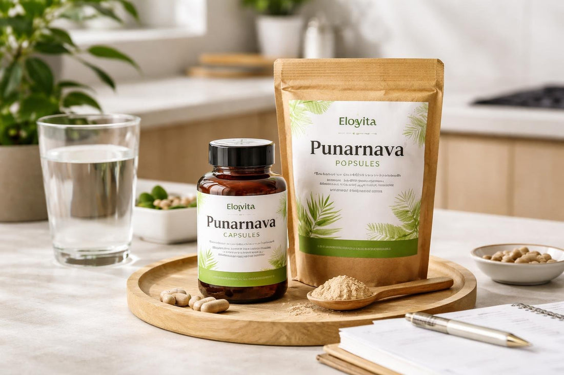 Punarnava herbal supplements with water and daily planner