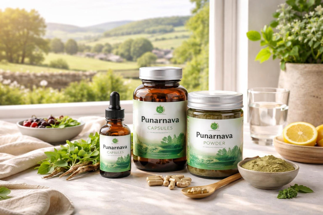 Punarnava herbal supplements displayed with Yorkshire countryside backdrop