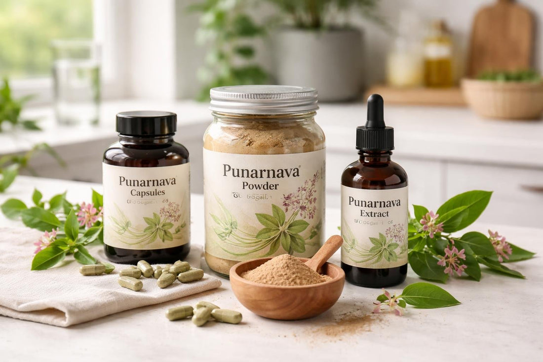 Punarnava supplement bottles and herbal powder on table