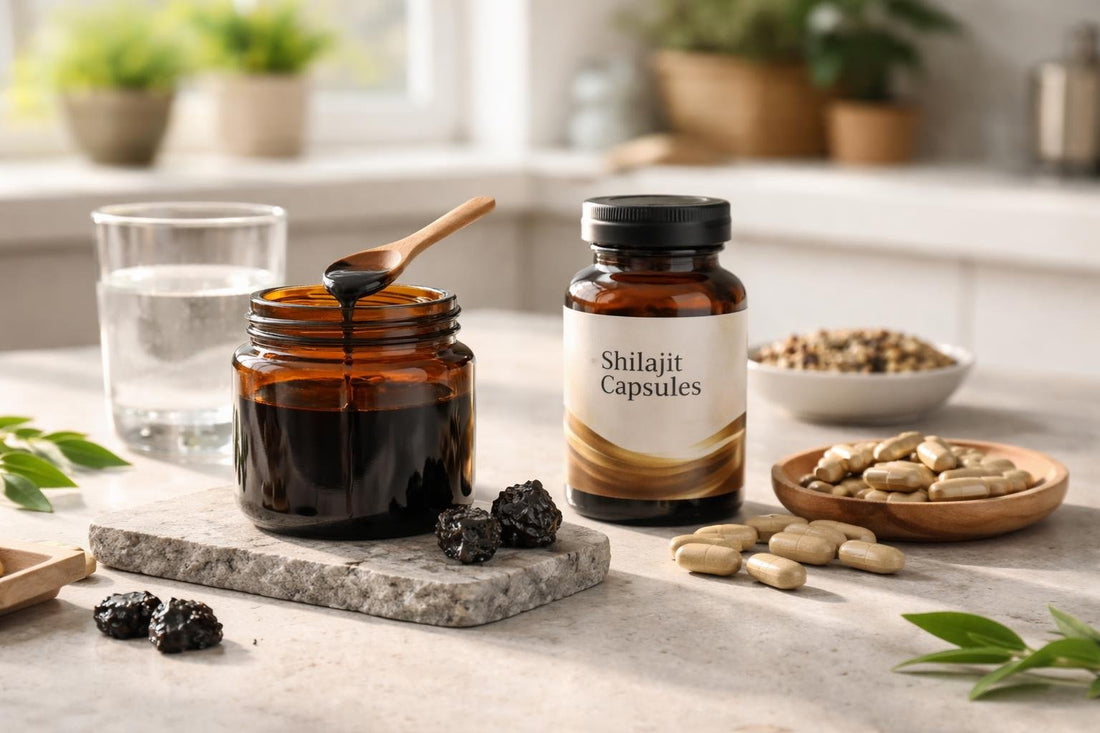 Purified shilajit supplement resin and capsules on a table