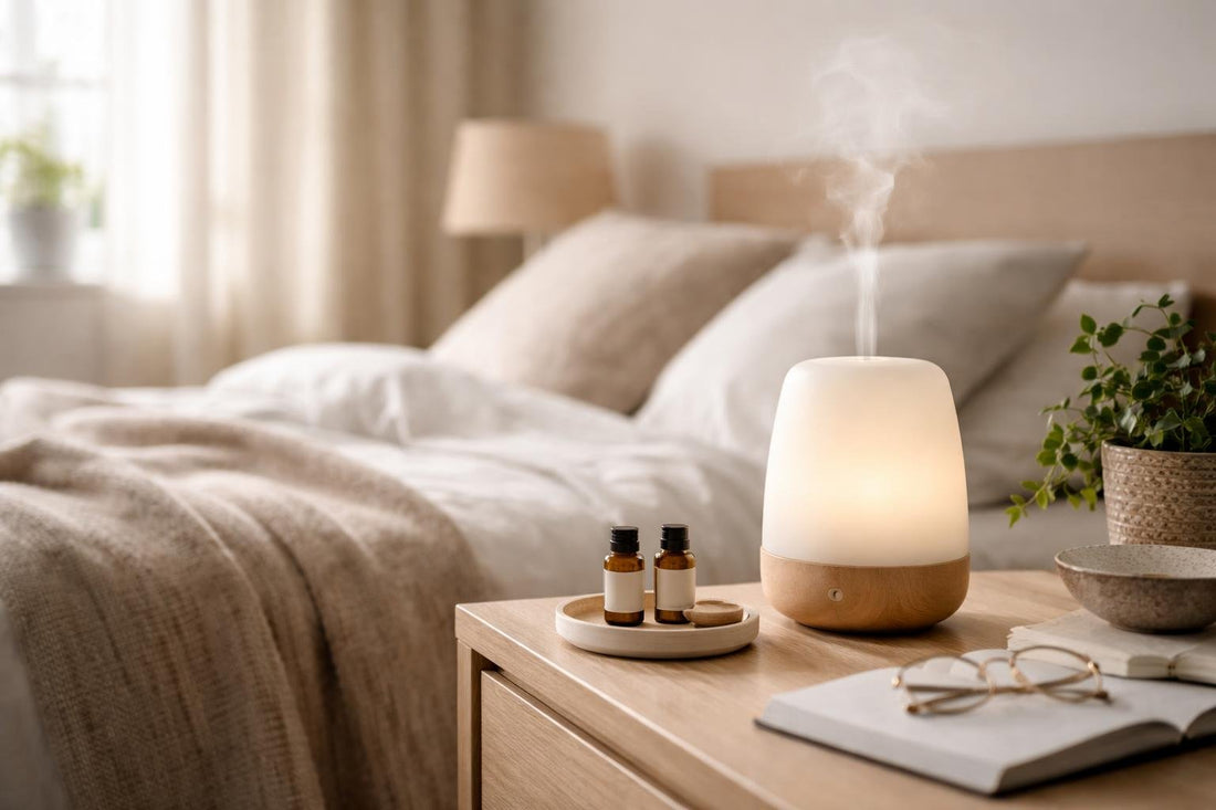 Quiet aromatherapy diffuser on bedside table in England flat