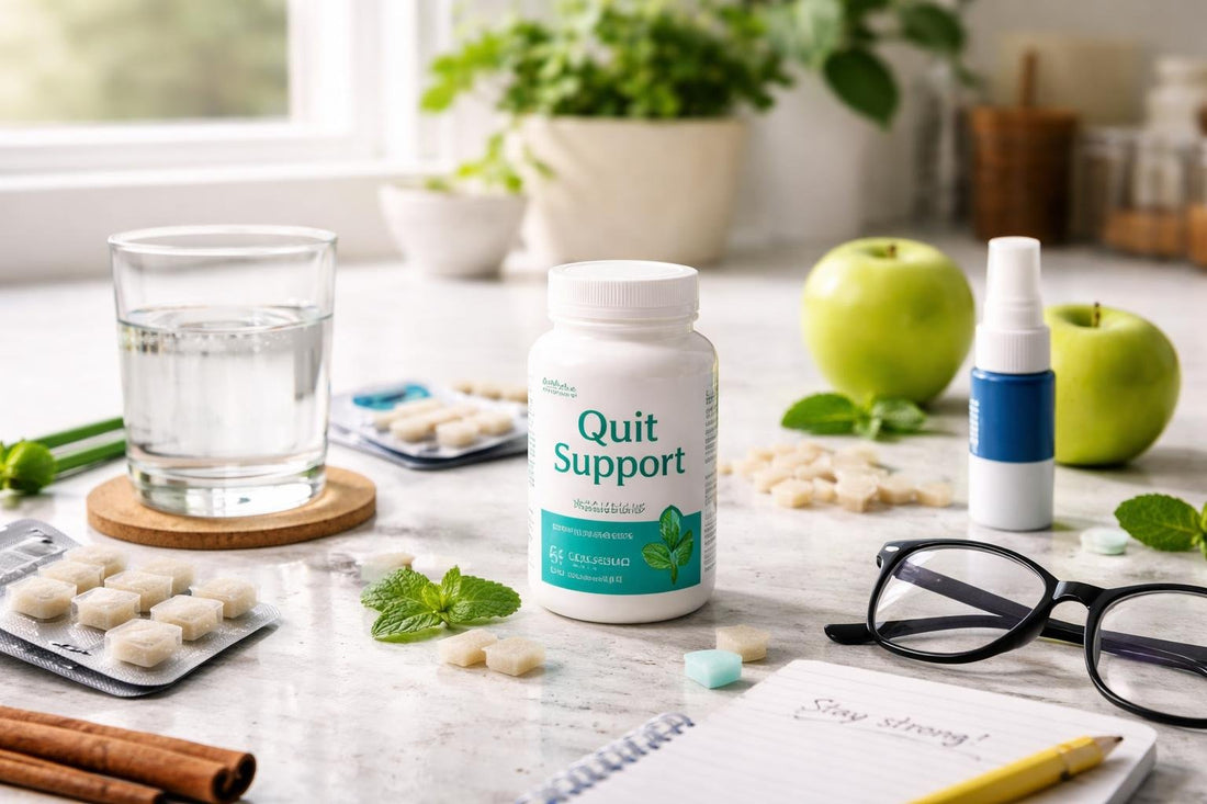 Quit smoking support essentials laid out with water and notes