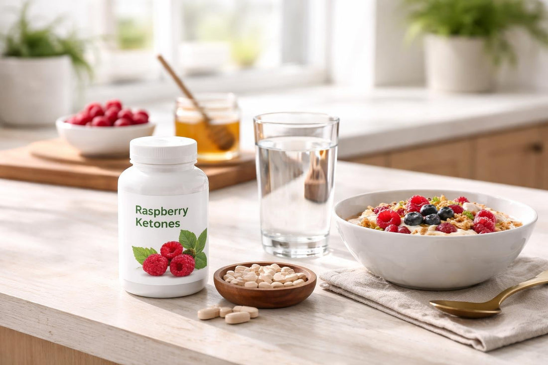 Raspberry ketones capsules with water and breakfast bowl