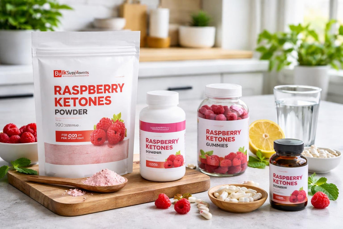 assorted raspberry ketones supplements bottles and powder
