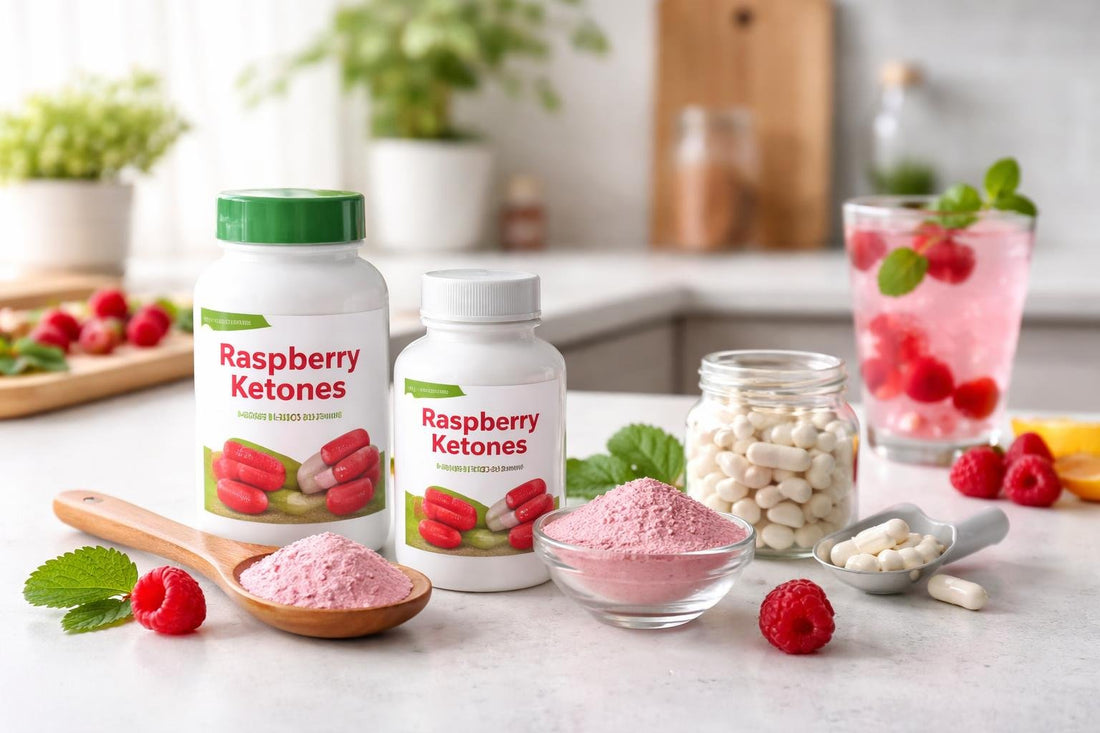 Raspberry ketones supplement bottles and powder display