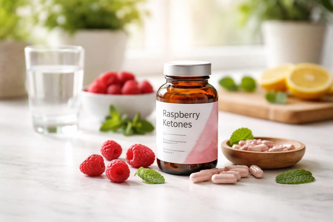 Raspberry ketones supplement capsules beside fresh raspberries