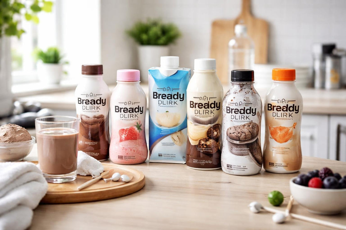 Assorted ready-to-drink protein shakes on shelf