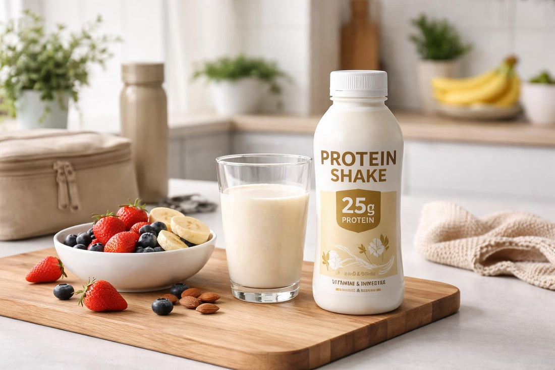 Ready to drink protein nutrition shake alongside fruit snack