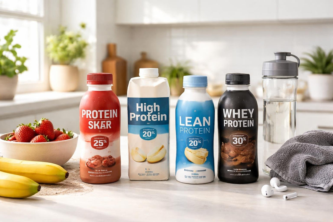 Assorted ready-to-drink protein shakes on countertop