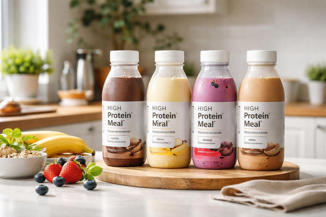 Ready-to-drink weight loss shakes lined up in a UK kitchen