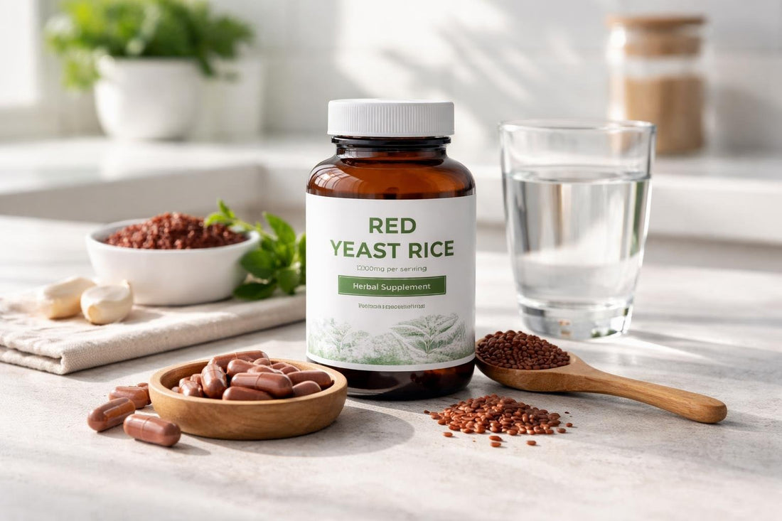 Red yeast rice capsules beside herbal supplement label