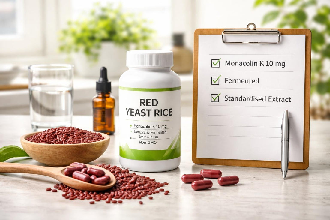 Red yeast rice supplement capsules beside label checklist
