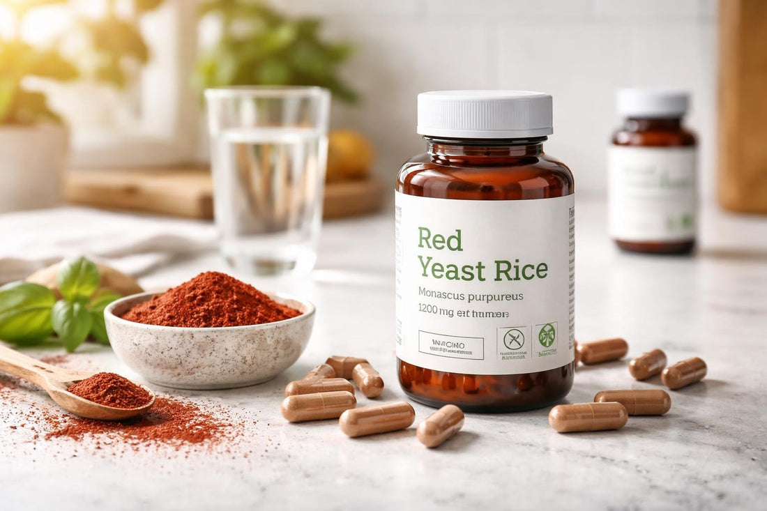Red yeast rice supplement capsules and labels close-up