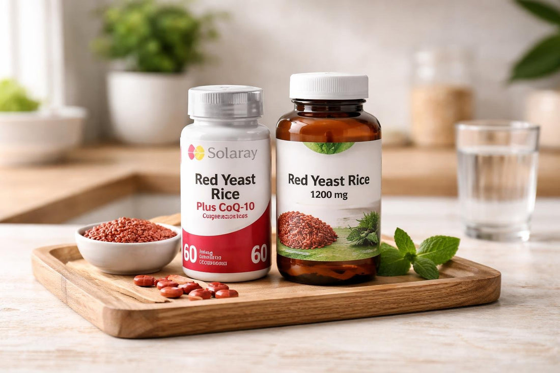 Bottles of red yeast rice supplement capsules on shelf
