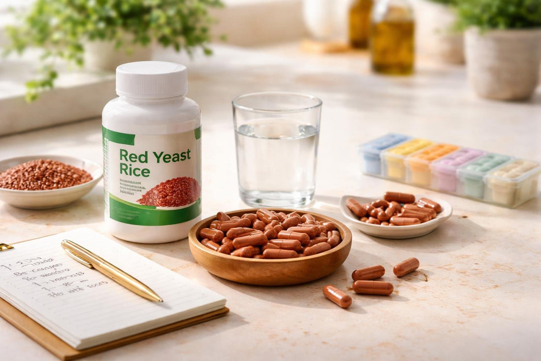Red yeast rice supplement capsules with timing and dosing notes