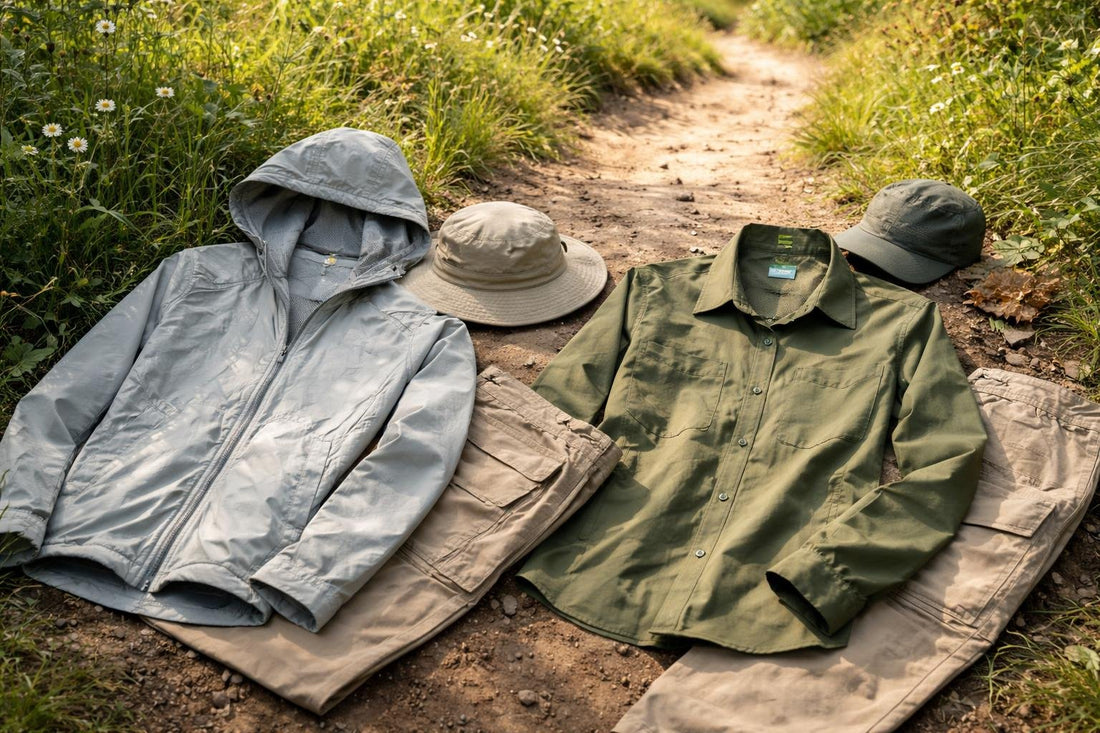 Breathable permethrin-treated walking garments on trail