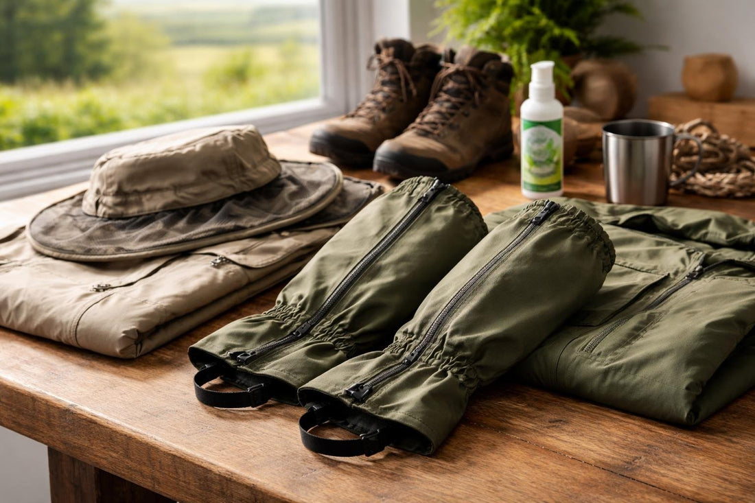 Treated repellent gaiters and outdoor walking clothing setup