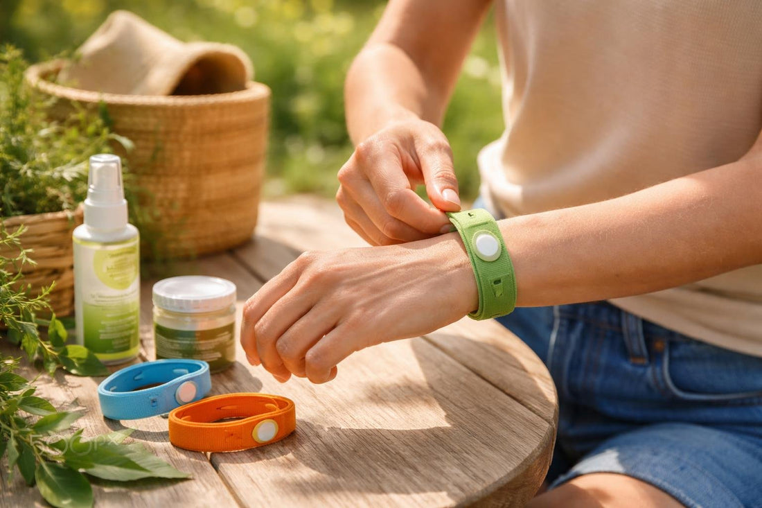 Person adjusting insect repellent wristband outdoors
