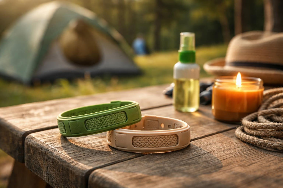 Close-up of insect repellent wristbands on campsite