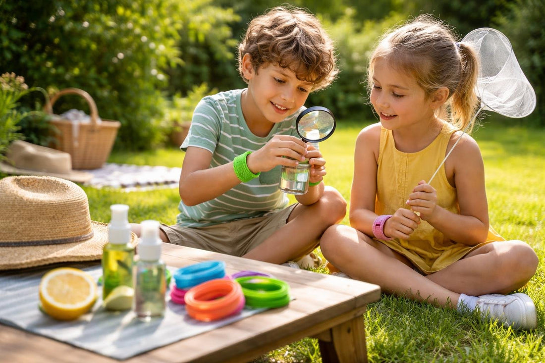 Children wearing insect repellent wristbands in garden