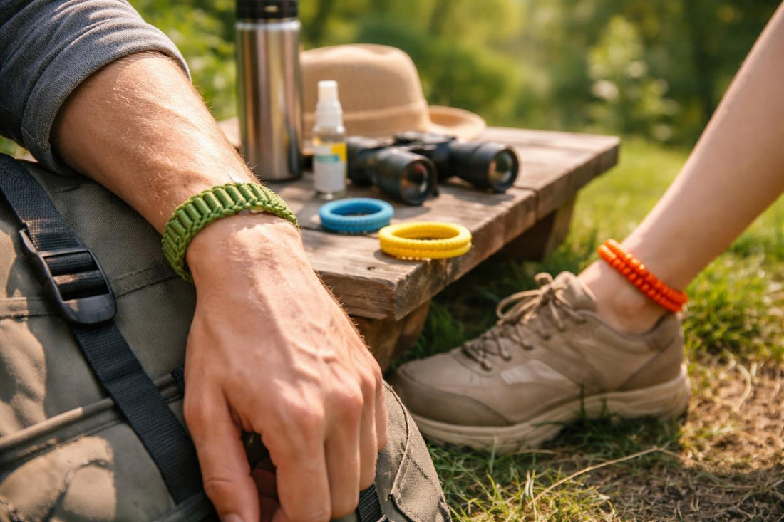 Insect repellent wristbands worn outdoors on wrist and ankle