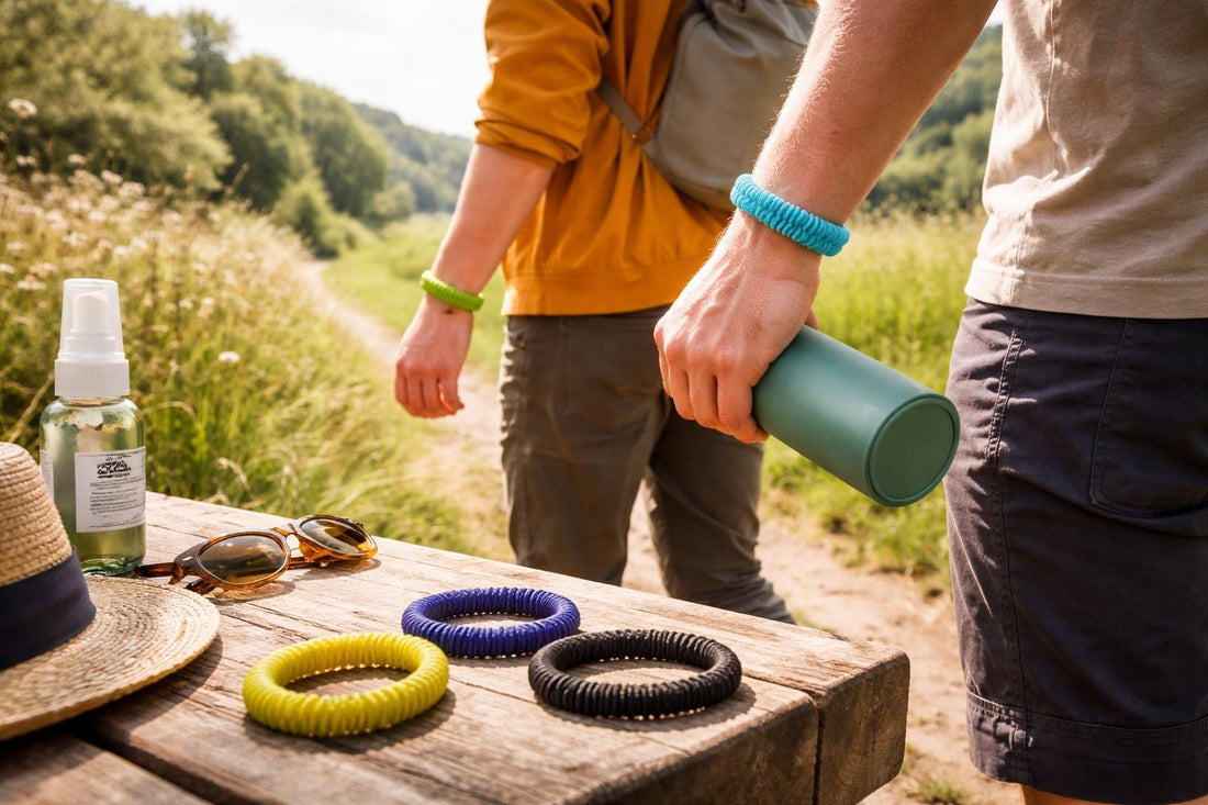 Repellent wristbands worn outdoors on a UK countryside walk