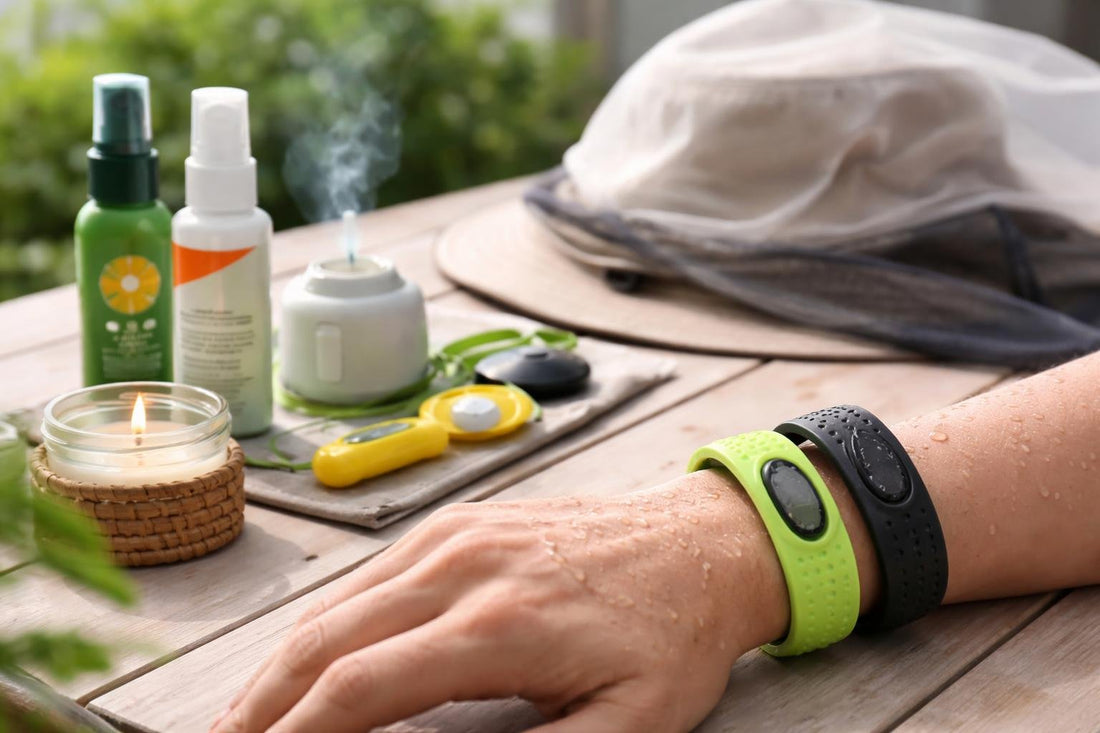 Close-up of waterproof repellent wristbands on a wrist