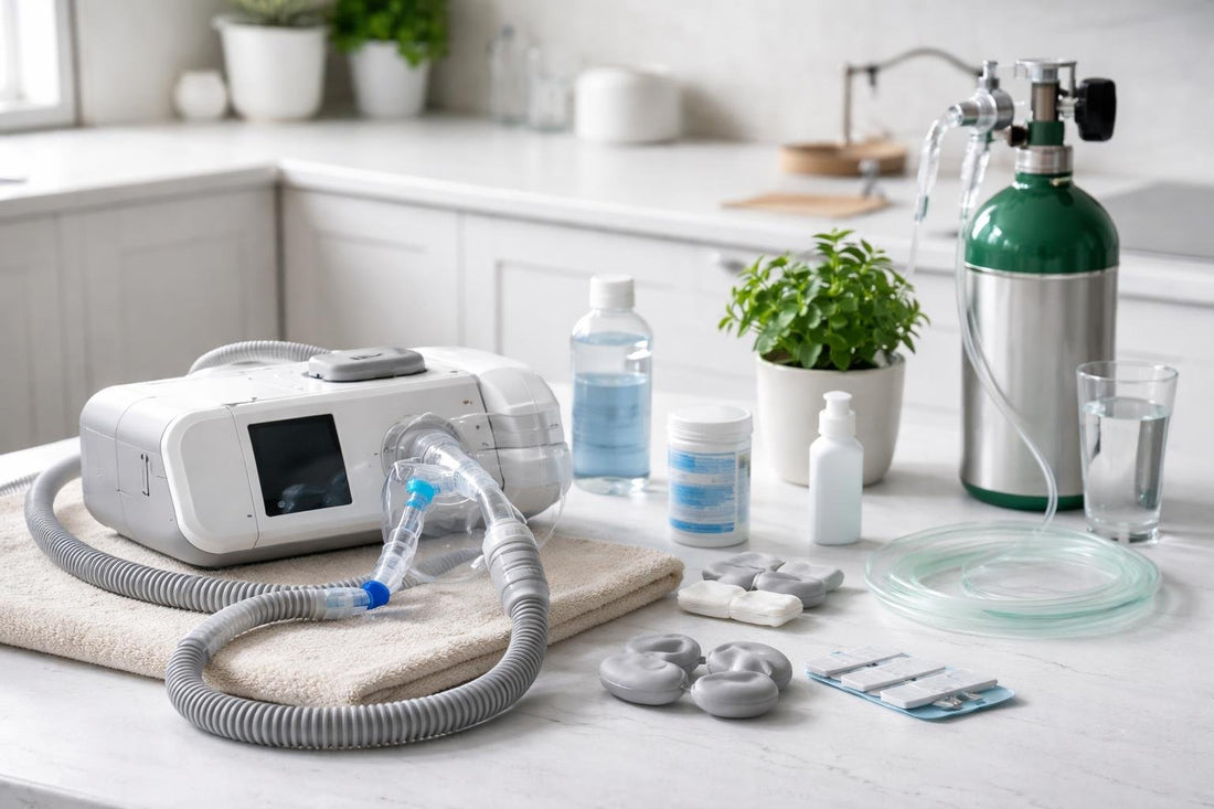 Budget CPAP and oxygen accessories laid out
