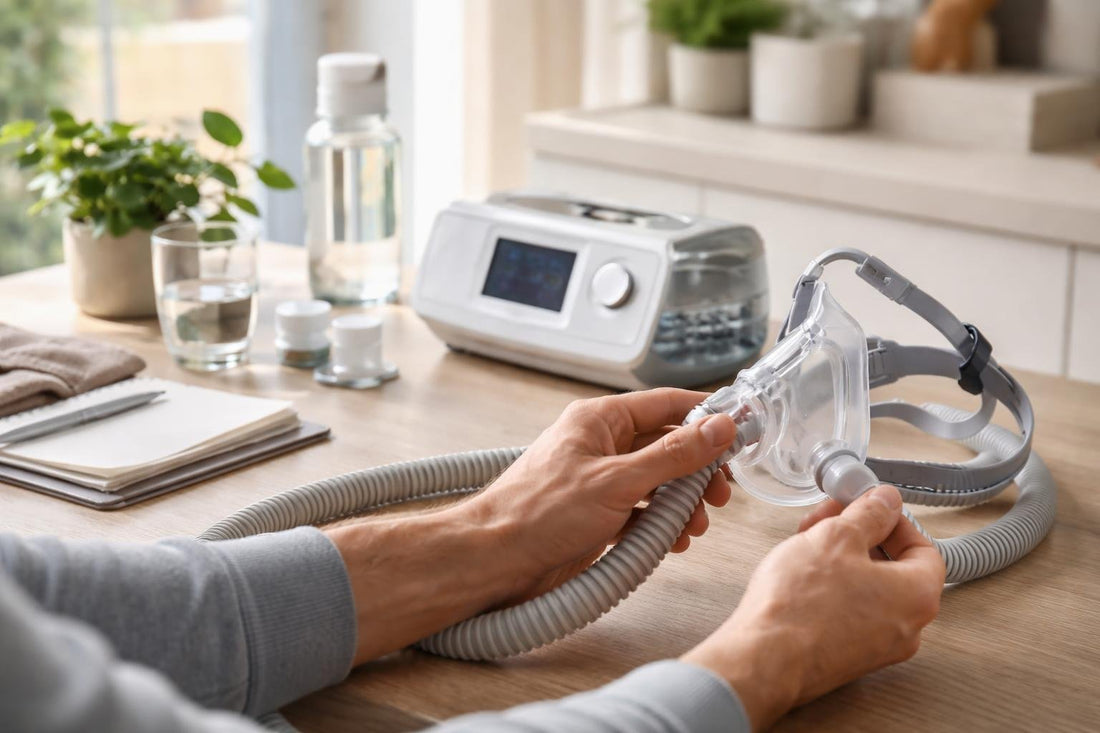 Person checking respiratory mask and tubing at home
