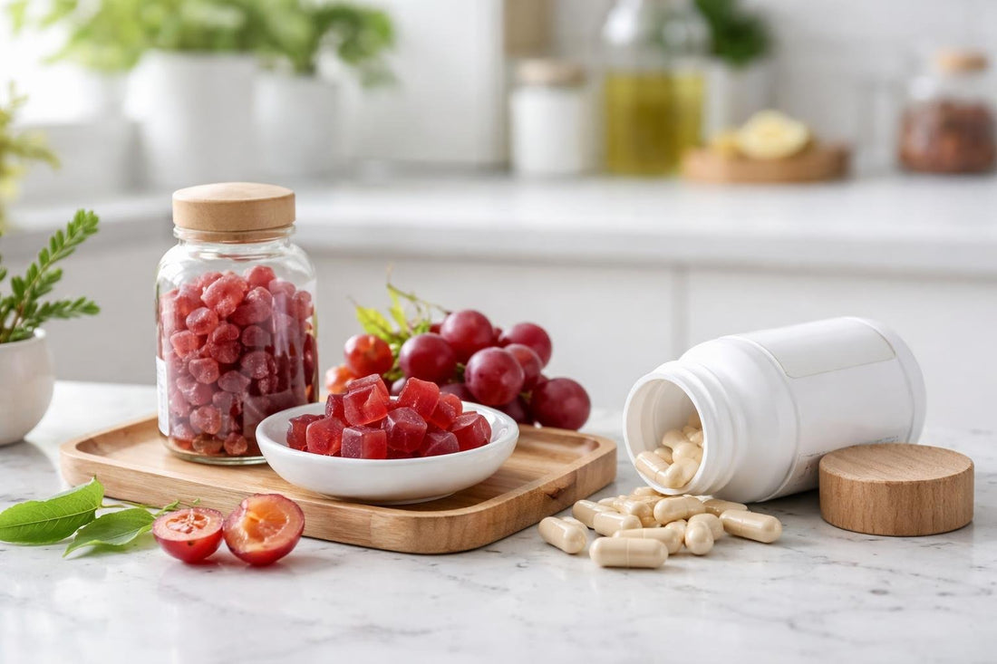 Resveratrol capsules and gummies on a kitchen counter