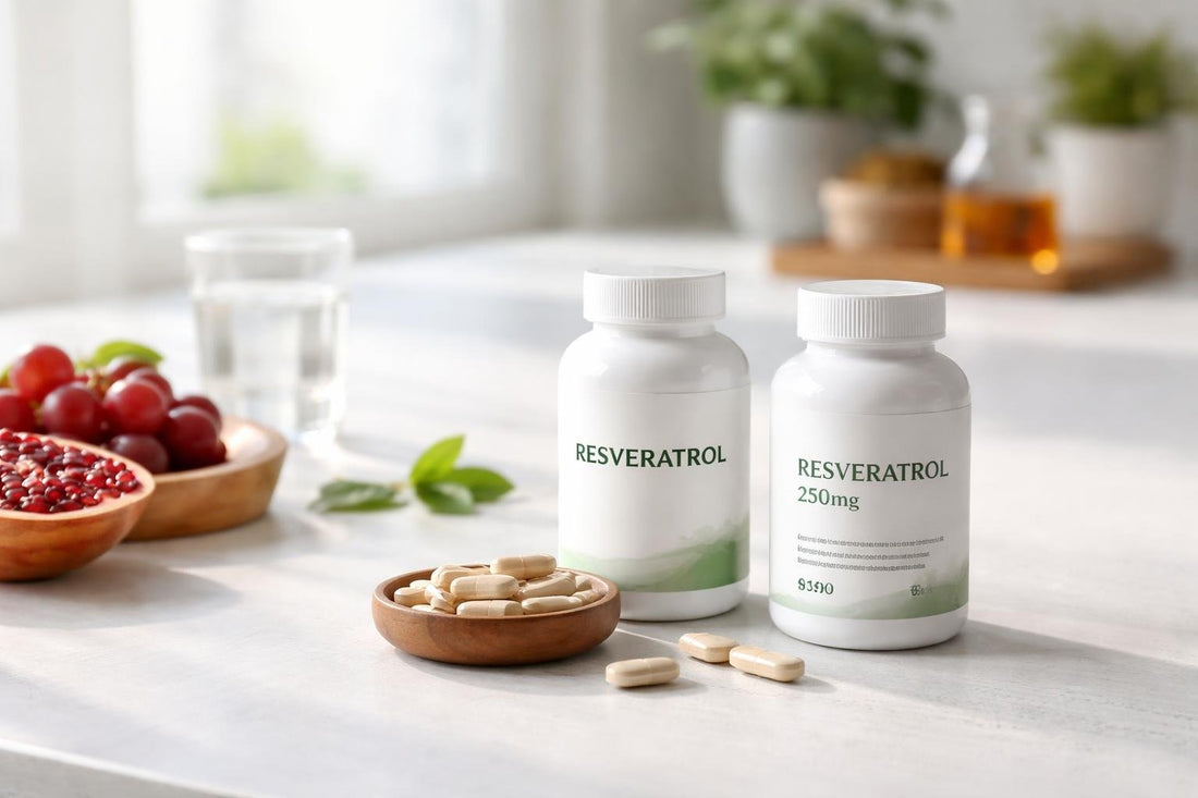 Resveratrol supplement bottles and capsules on table