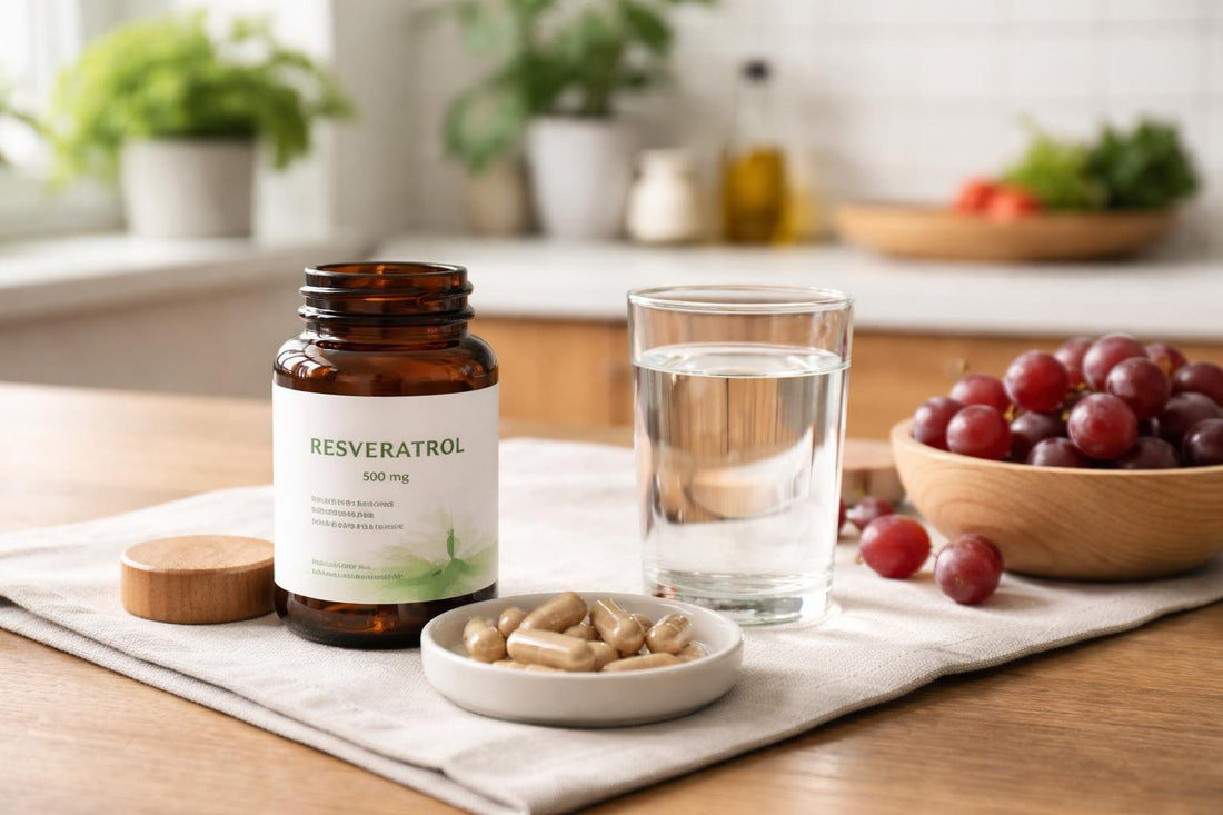 Resveratrol supplement capsules with water on kitchen table