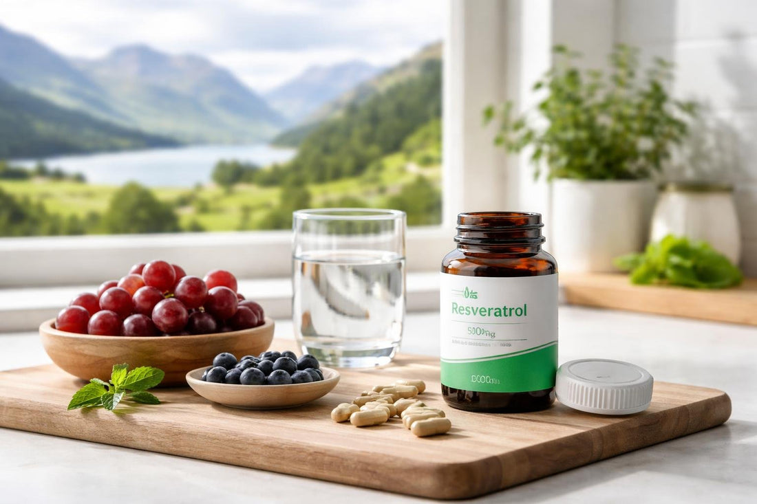 Resveratrol supplement capsules with Scottish landscape backdrop