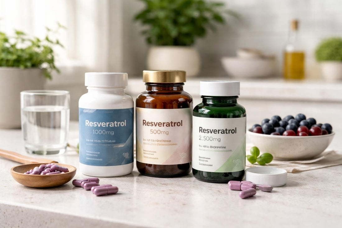 Bottles of resveratrol capsules and supplements