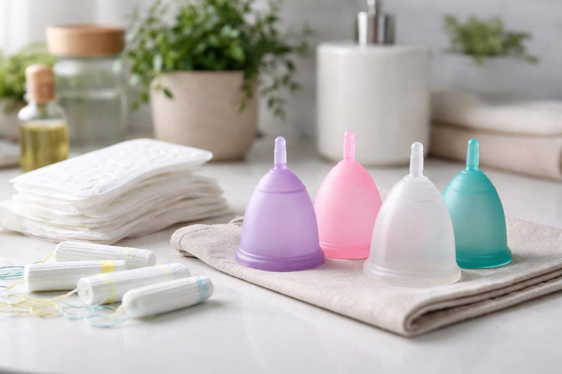 assorted reusable menstrual cups with pads and tampons
